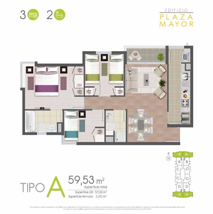 Planta Tipo A · 3 dormitorios