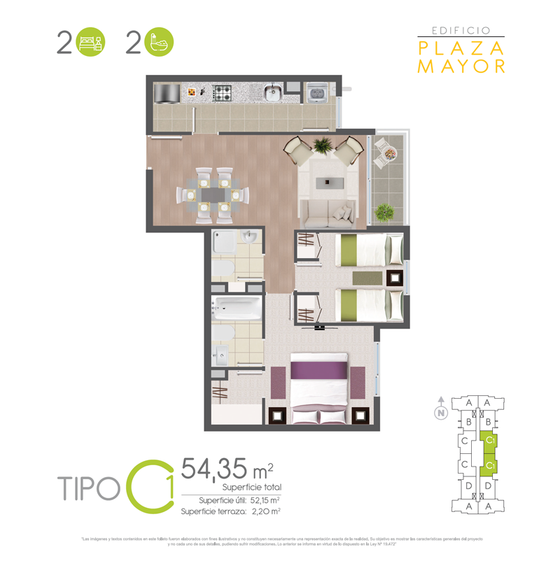 Planta Tipo C1 · 2 dormitorios